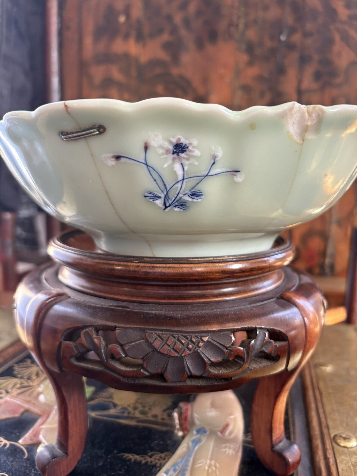 Antique Chinese Celadon Porcelain Bowl Qing Dynasty Blue White Enamel 1720/1760