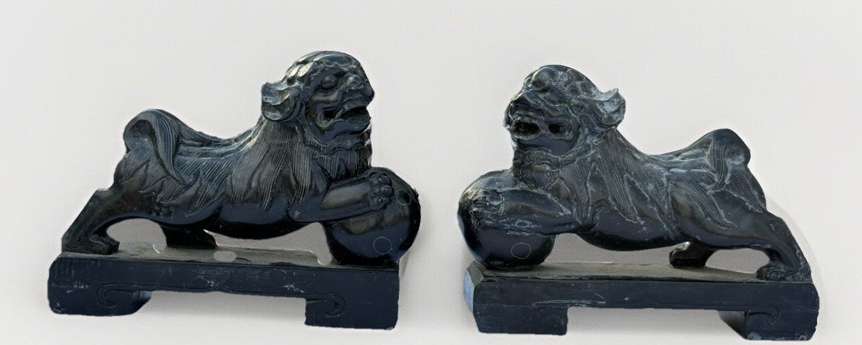 Vintage MCM Hand Carved Stone, Pair of Foo Dogs