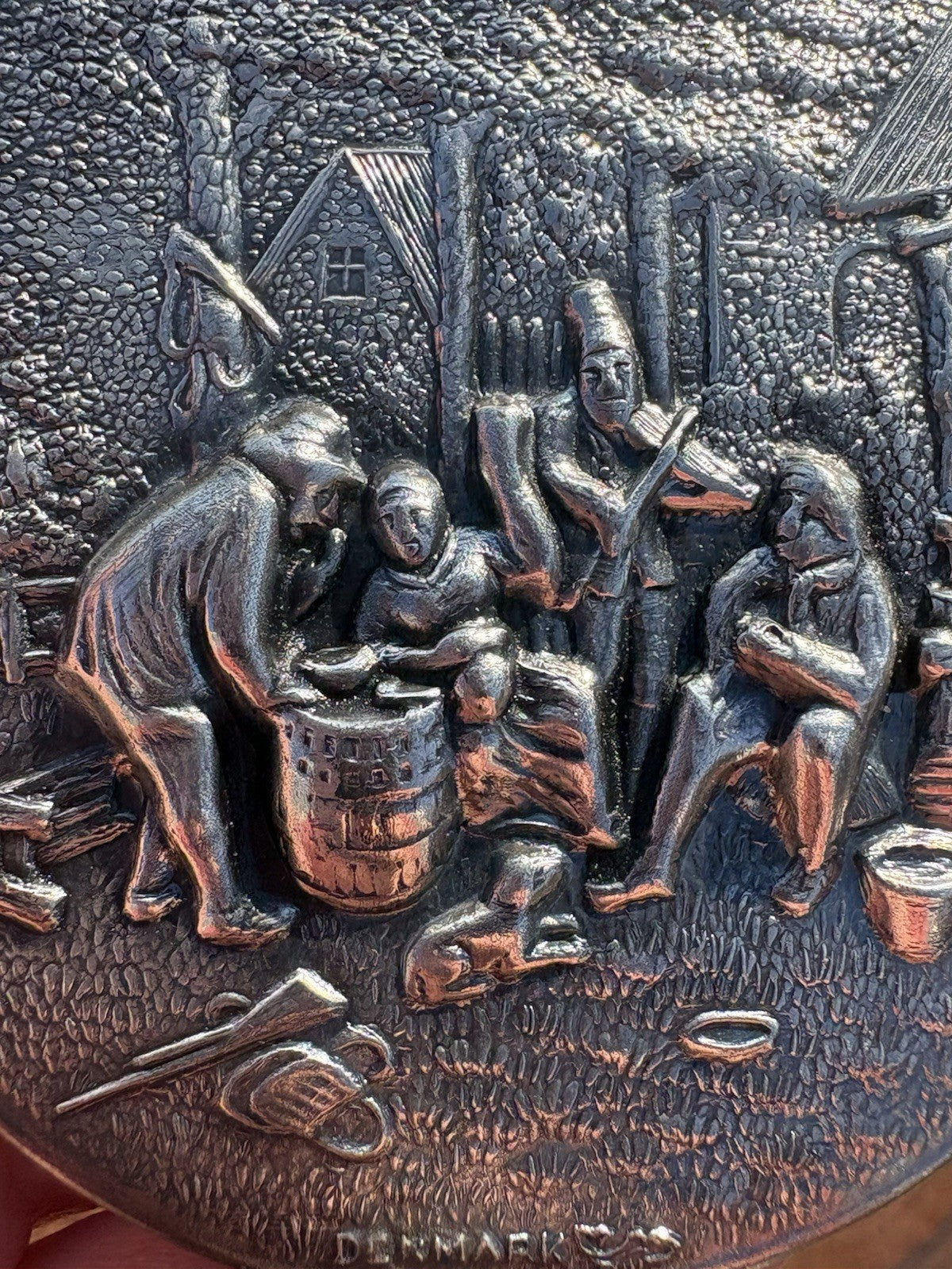 Vintage Hans Jensen Denmark Tavern Scene Silver Plated Hair Comb & Mirror Set