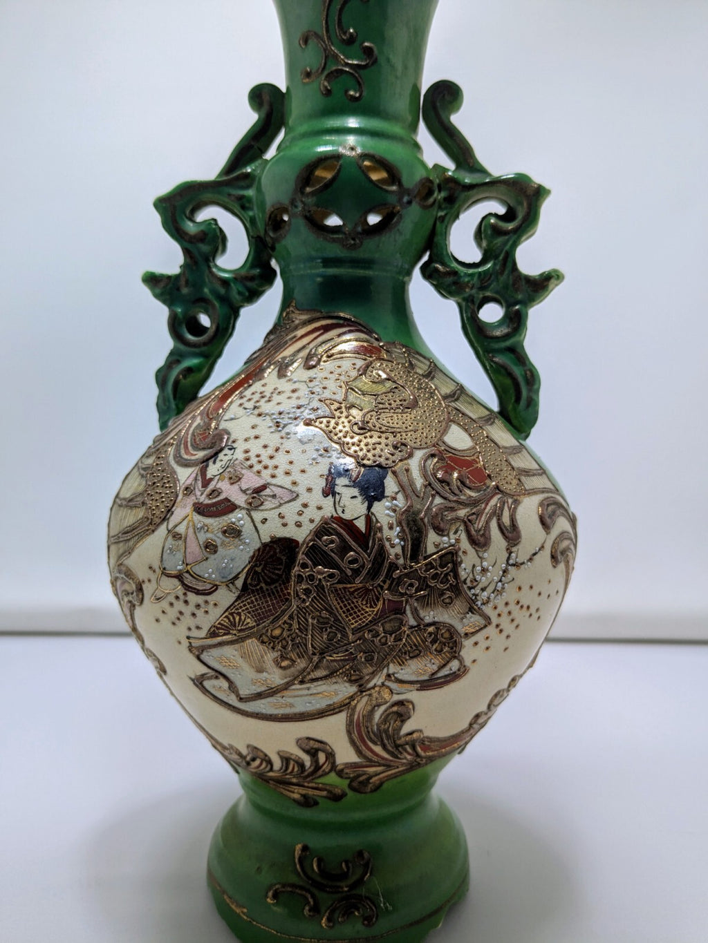 Vintage Japanese Satsuma-Style Hand Painted Vase – Green Glaze & Gold Gilding