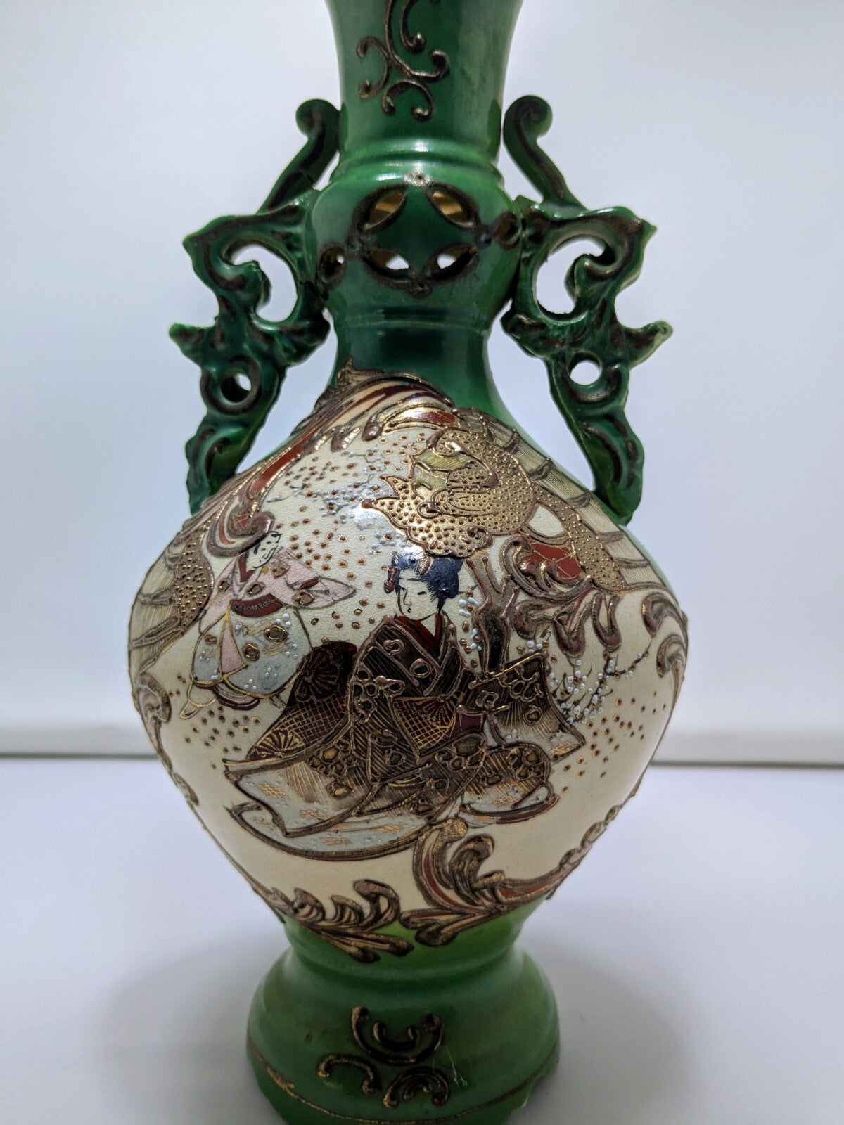 Vintage Japanese Satsuma-Style Hand Painted Vase – Green Glaze & Gold Gilding