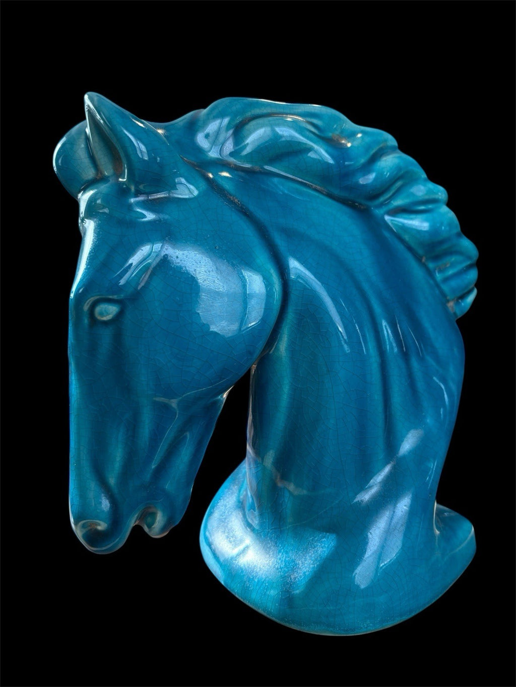 Vintage Turquoise Blue Ceramic Horse Bust Statue – Crackle Glaze Figurine