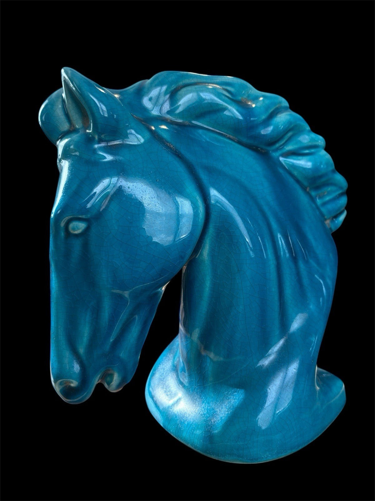 Vintage Turquoise Blue Ceramic Horse Bust Statue – Crackle Glaze Figurine