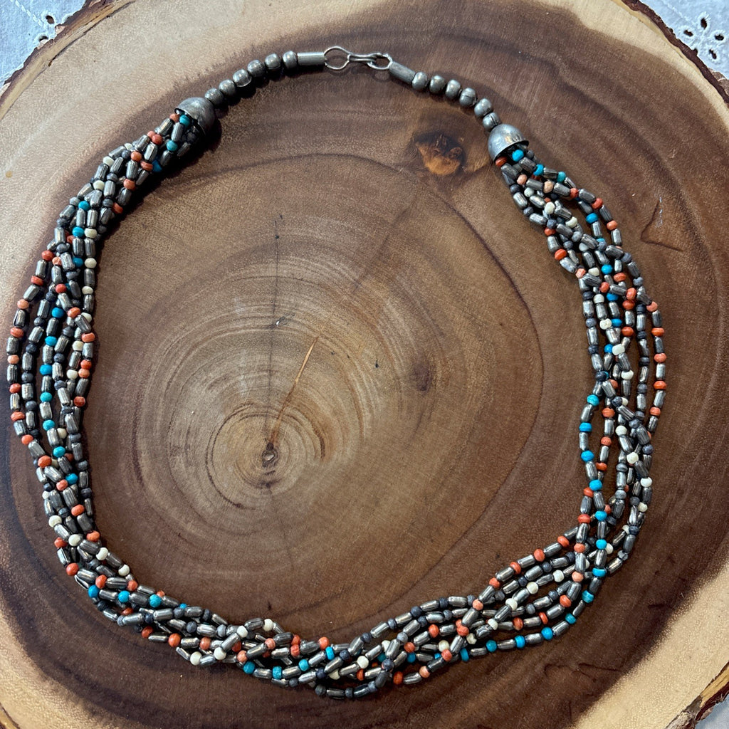 70s Boho Southwestern Nickel Silver Turquoise Coral Bead Multi Strand Necklace