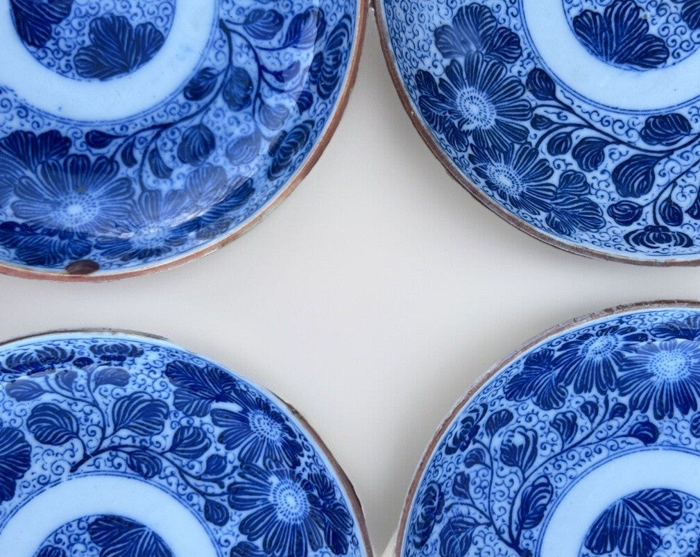 Antique Blue & White Porcelain Chinese 5” D Saucer w/ Gold Rim Set of 4