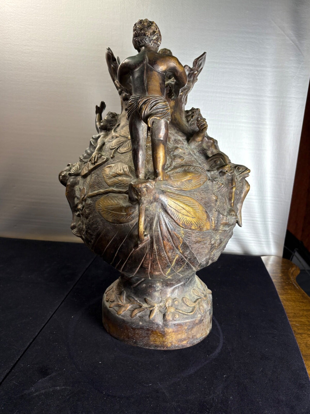 Antique Bronze Art Nouveau Figural Vase Putti Cherubs Floral Relief 20” Tall