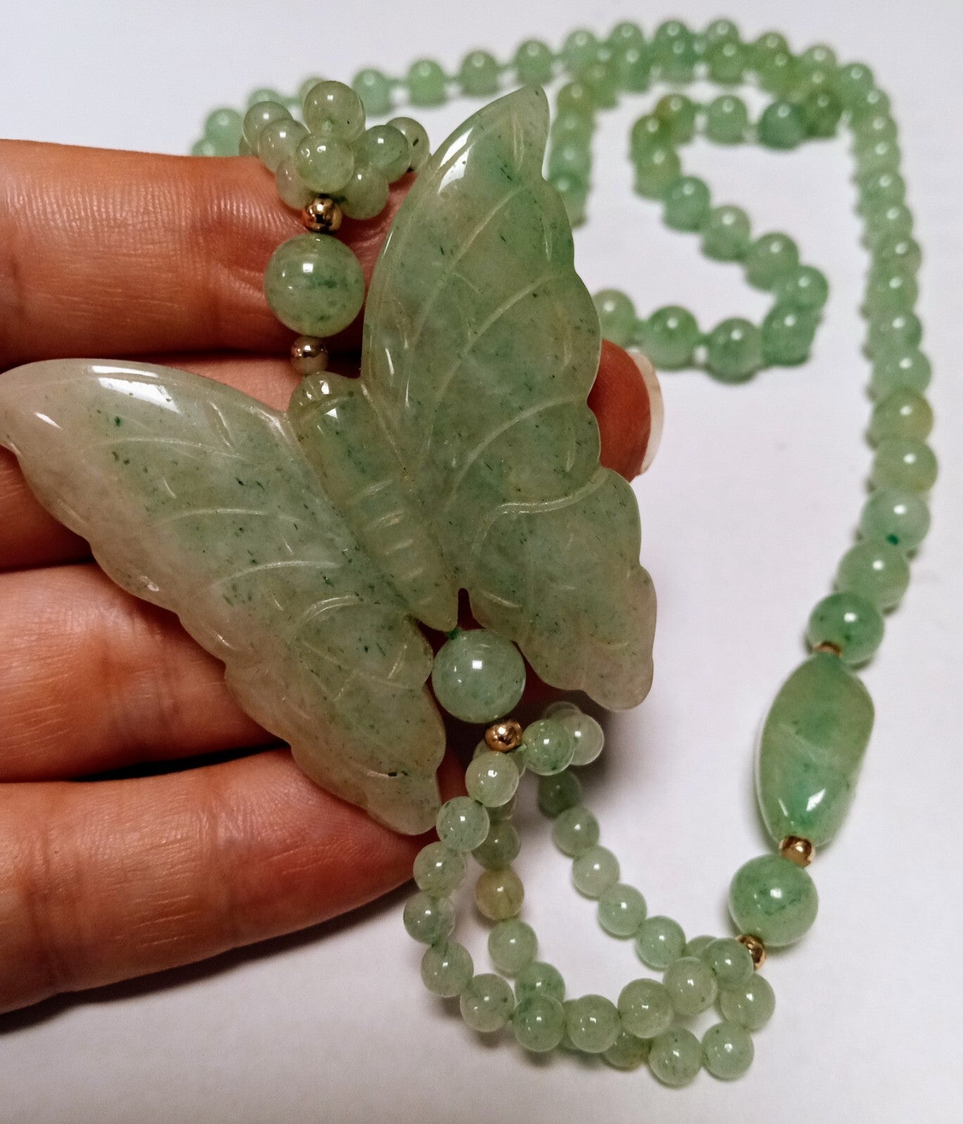 Vintage Jade Butterfly Necklace Celadon Green Beaded Asian  34”
