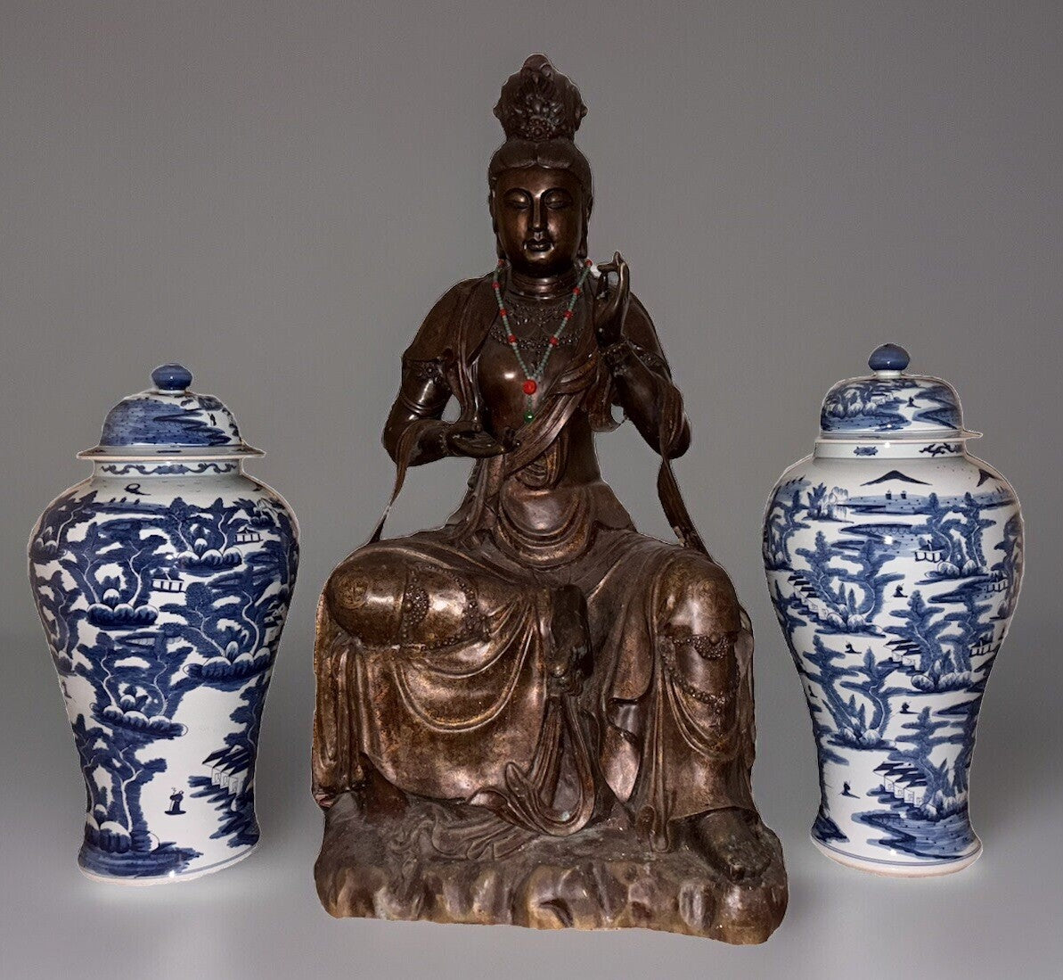 Pair Chinese Blue White Porcelain Temple Jars Lidded Landscape Qing Style Large