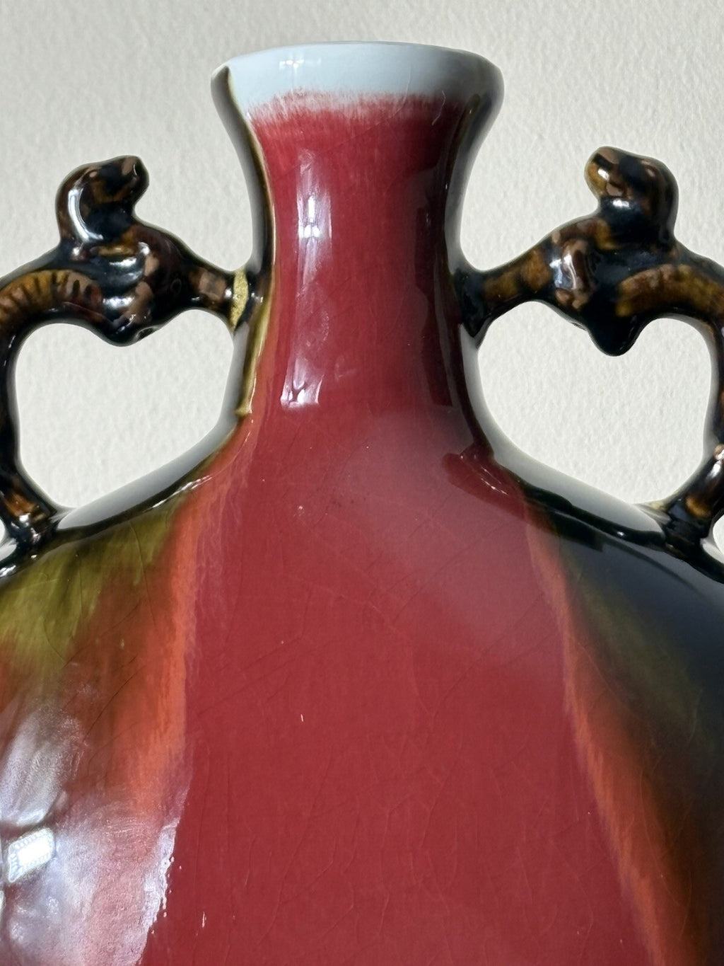 14” Chinese Oxblood Flambé Glaze Vase w/ Handles Crackle Base Qing Style Mark
