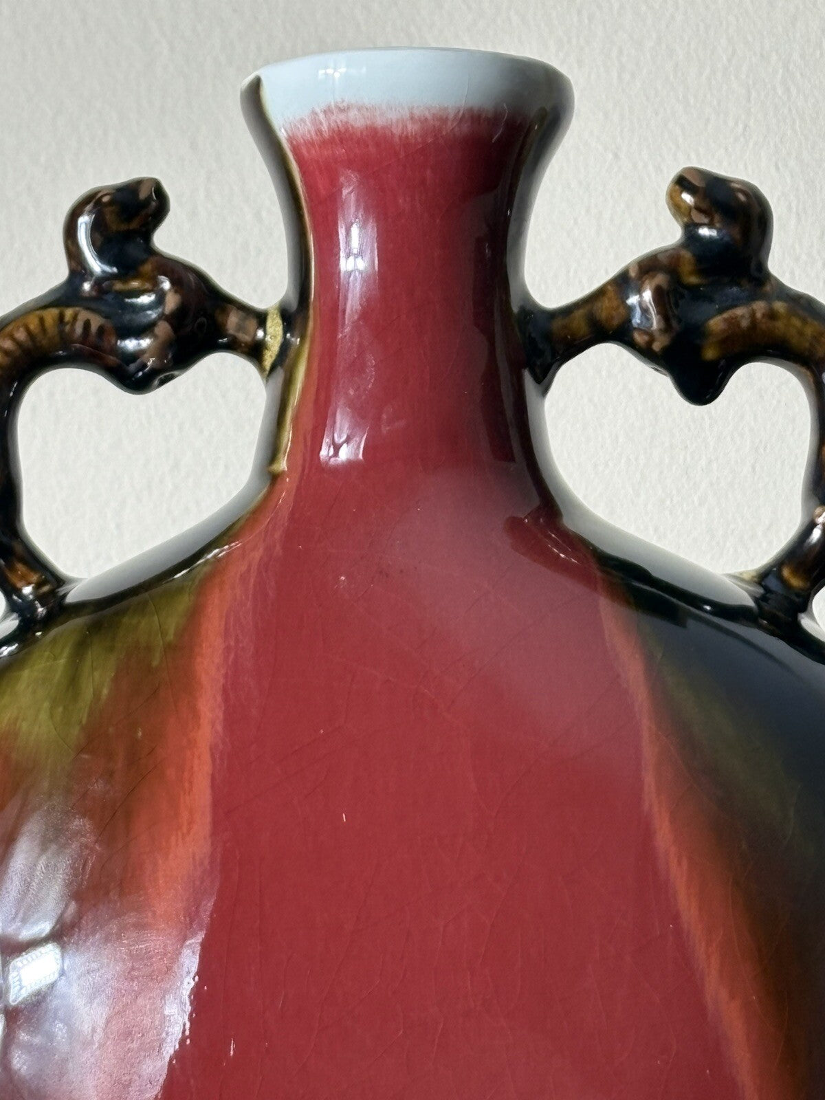 14” Chinese Oxblood Flambé Glaze Vase w/ Handles Crackle Base Qing Style Mark