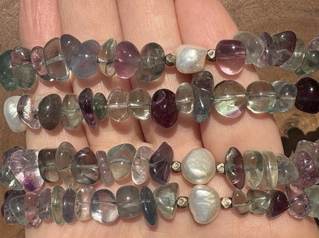 Fluorite Quartz Multi Strand Necklace Natural Gemstone Pearl Sterling Silver 16”
