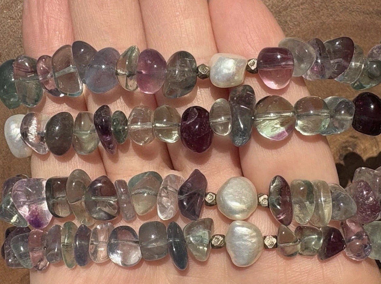 Fluorite Quartz Multi Strand Necklace Natural Gemstone Pearl Sterling Silver 16”