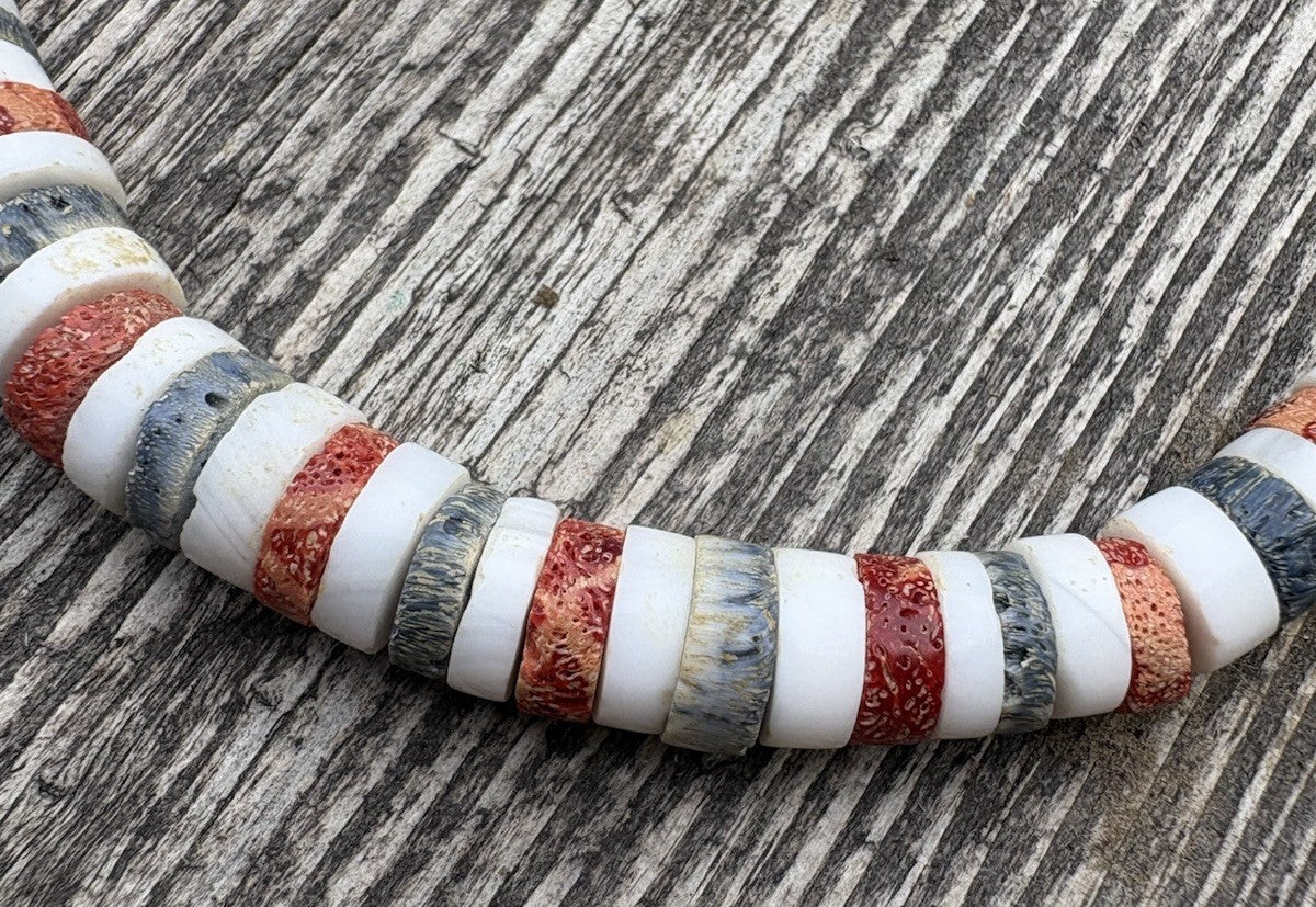 Vintage Southwestern Heishi Necklace White Shell Red Coral Blue Stone 18"