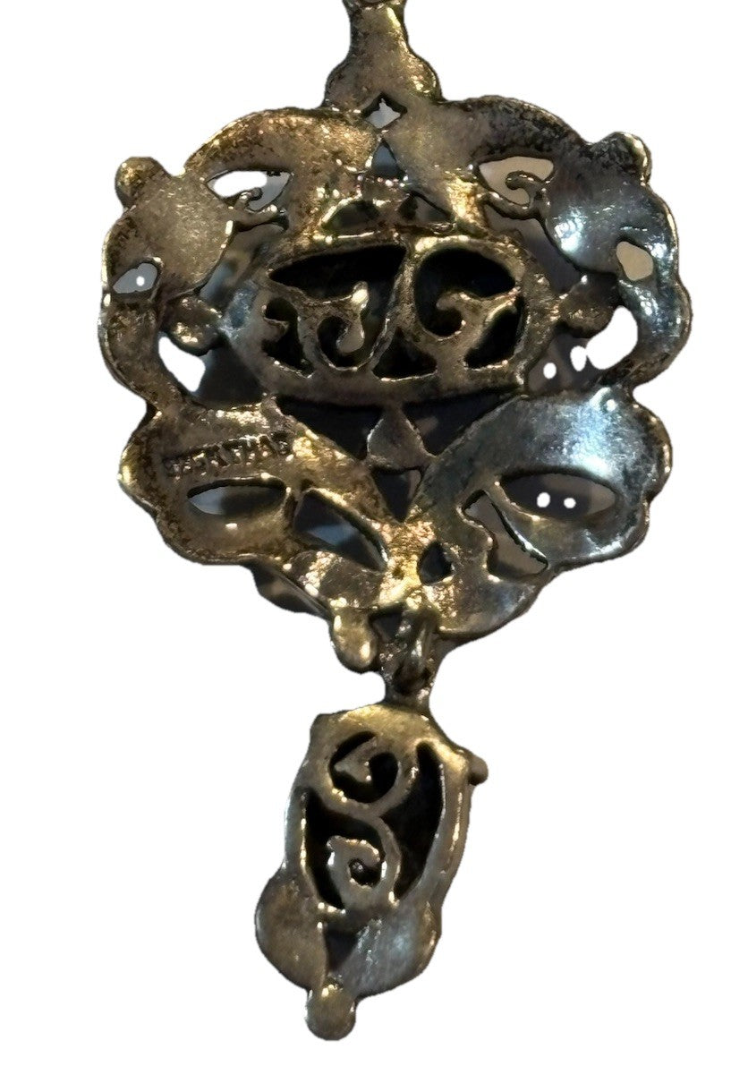 VTG Gothic 925 Sterling Marcasite Pendant Necklace Black Beads Signed