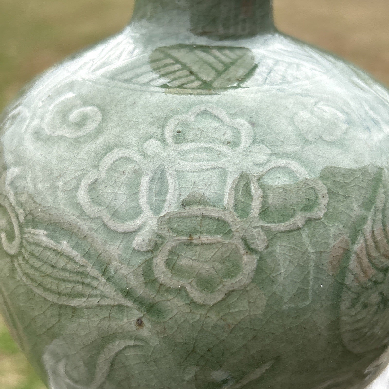 Antique Chinese Celadon Vase Qilin Motif Longquan Style Crackle Glaze