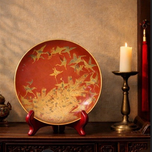 Antique Japanese Red Lacquer Plate Gold Cranes Pine Maki-e Meiji Style 8”