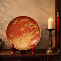 Antique Japanese Red Lacquer Plate Gold Cranes Pine Maki-e Meiji Style 8”
