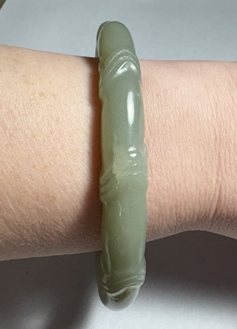 Natural Jade Bamboo Carved Oval Bangle Bracelet Celadon Green