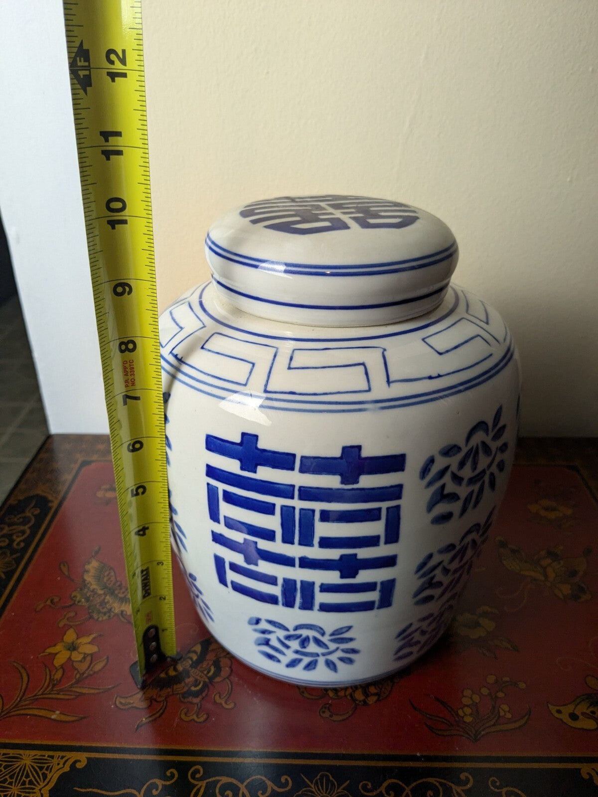 Double Happiness Chinese Ginger Jar blue & white Porcelain chinoiserie 10” w/lid