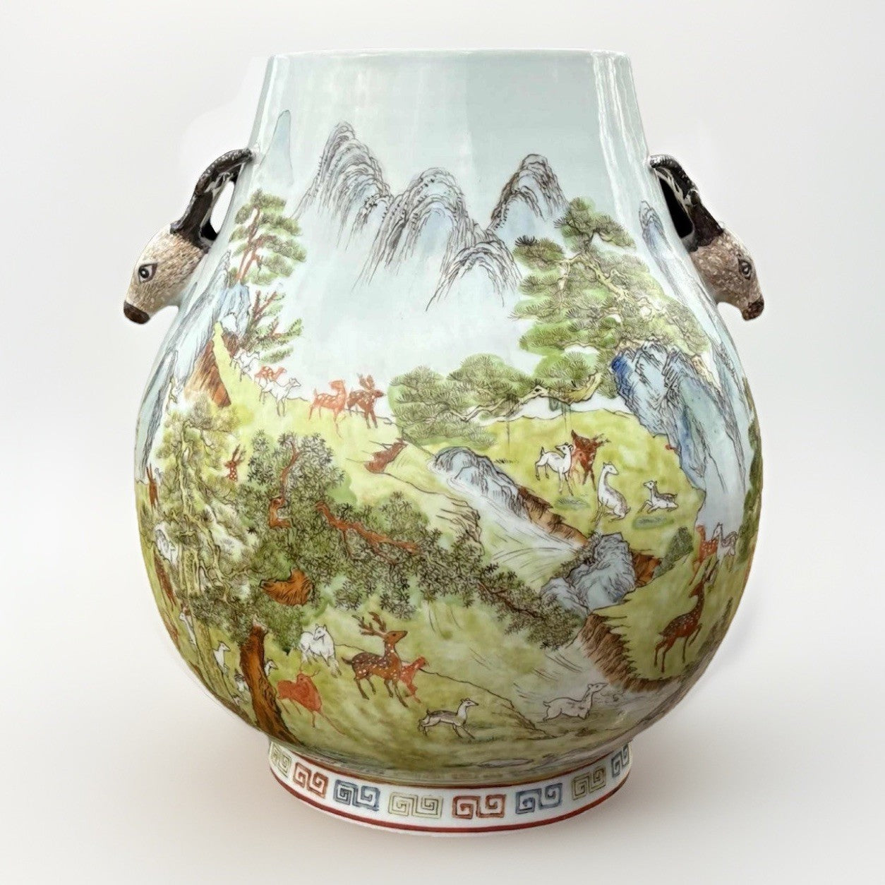 Antique Chinese Famille Rose Deer & Pine Vase Qianlong Mark Late Qing 18”