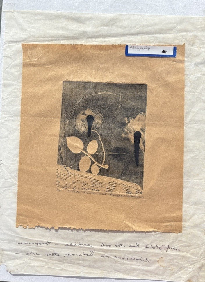 “White Lace and Roses” A/P Mid-Century Monoprint by Thornton, Zinc Plate