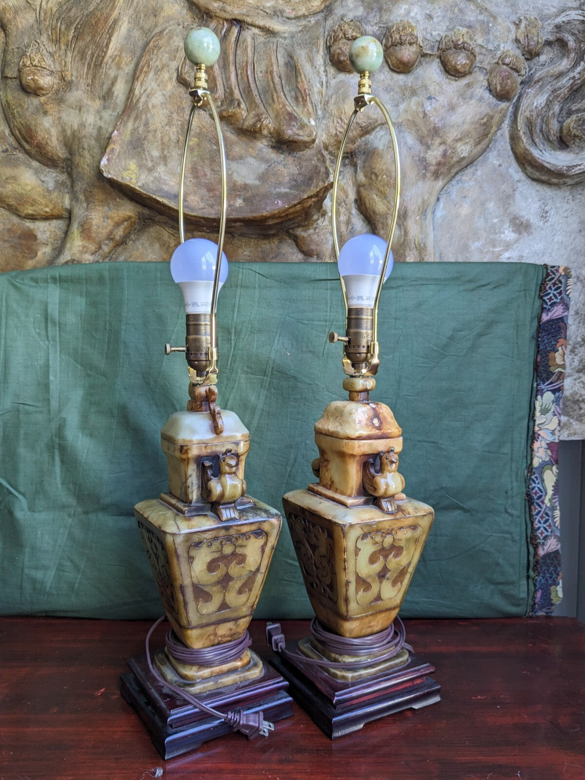 Pair of Chinese Carved Alabaster Lamps With Birds and Dragons