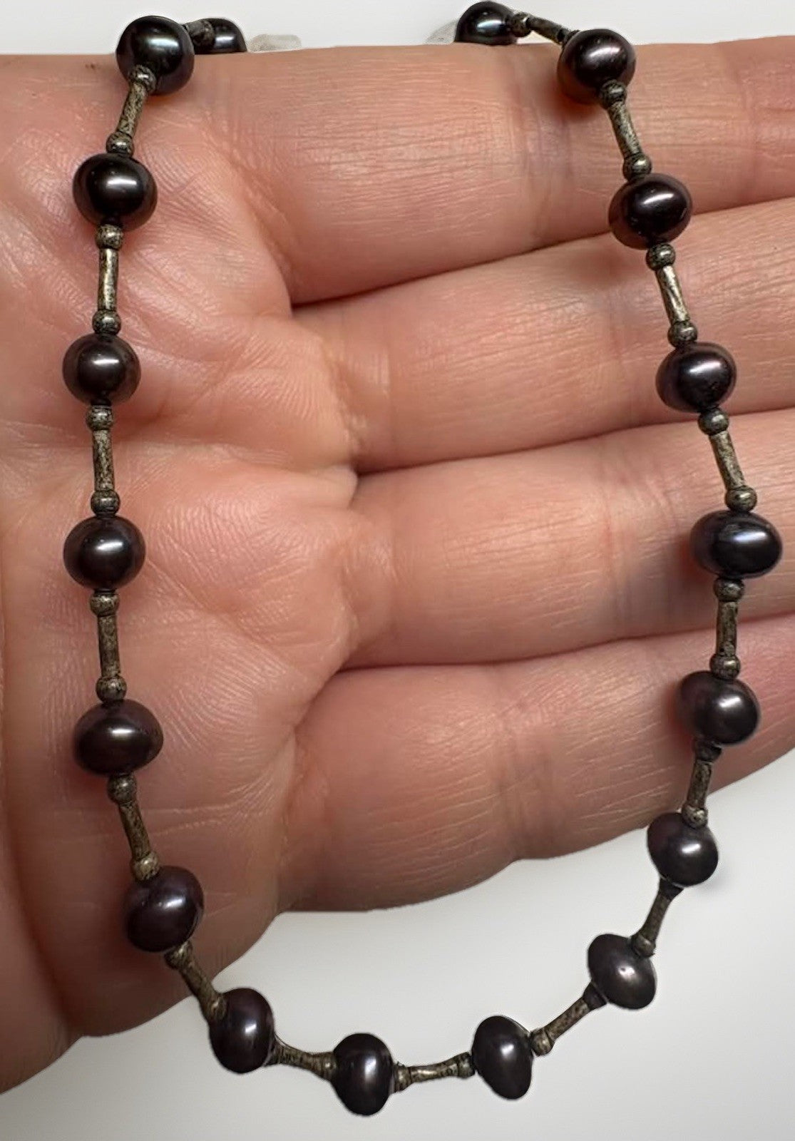 Vintage Sterling Silver 925 Dark Gray Freshwater Pearl Necklace 11” Child