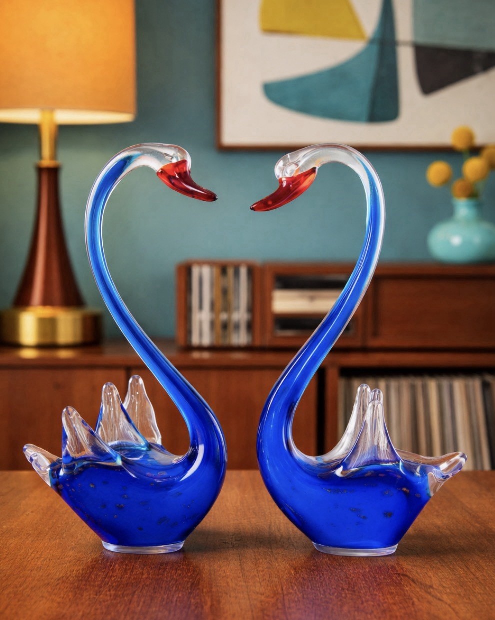 Vintage MCM Cobalt Blue Art Glass Swan Pair Hand Blown Figurines 12” Tall
