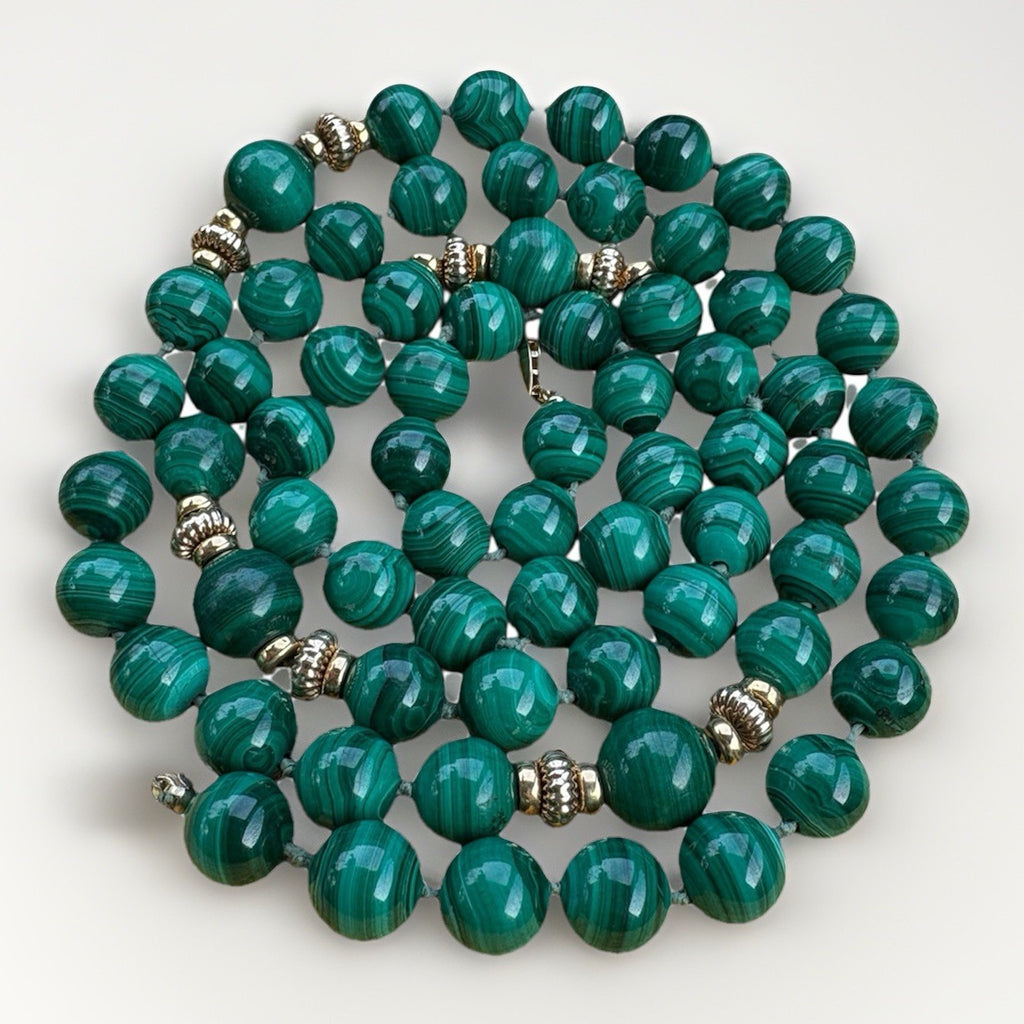 14k Vintage 57-Bead Natural Malachite Necklace with Solid 14K Gold Clasp