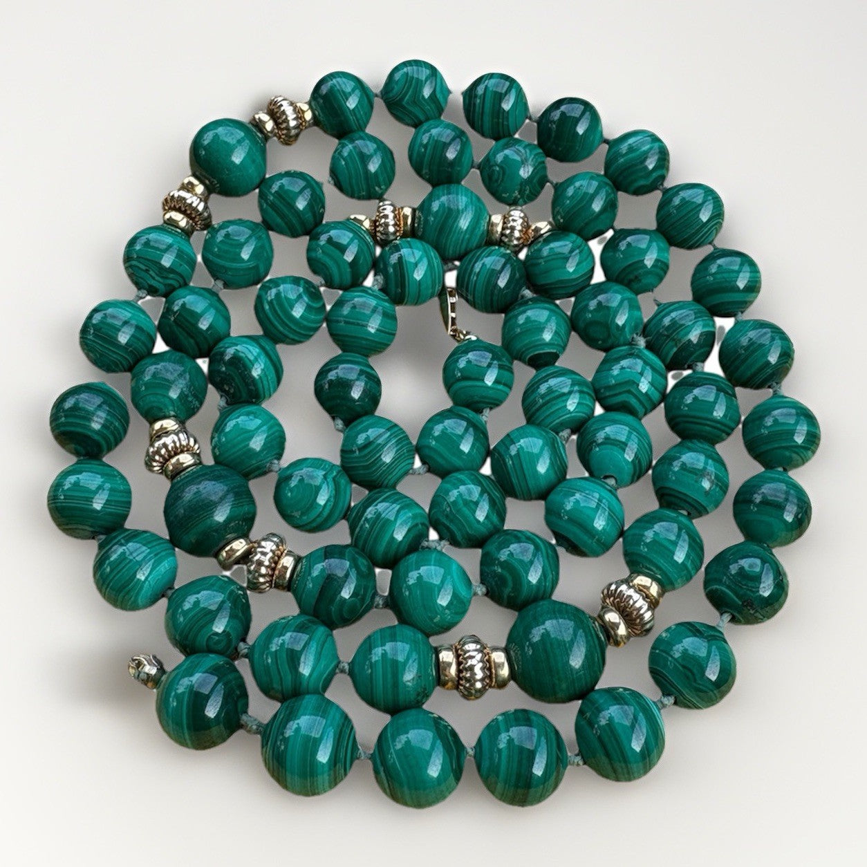 14k Vintage 57-Bead Natural Malachite Necklace with Solid 14K Gold Clasp