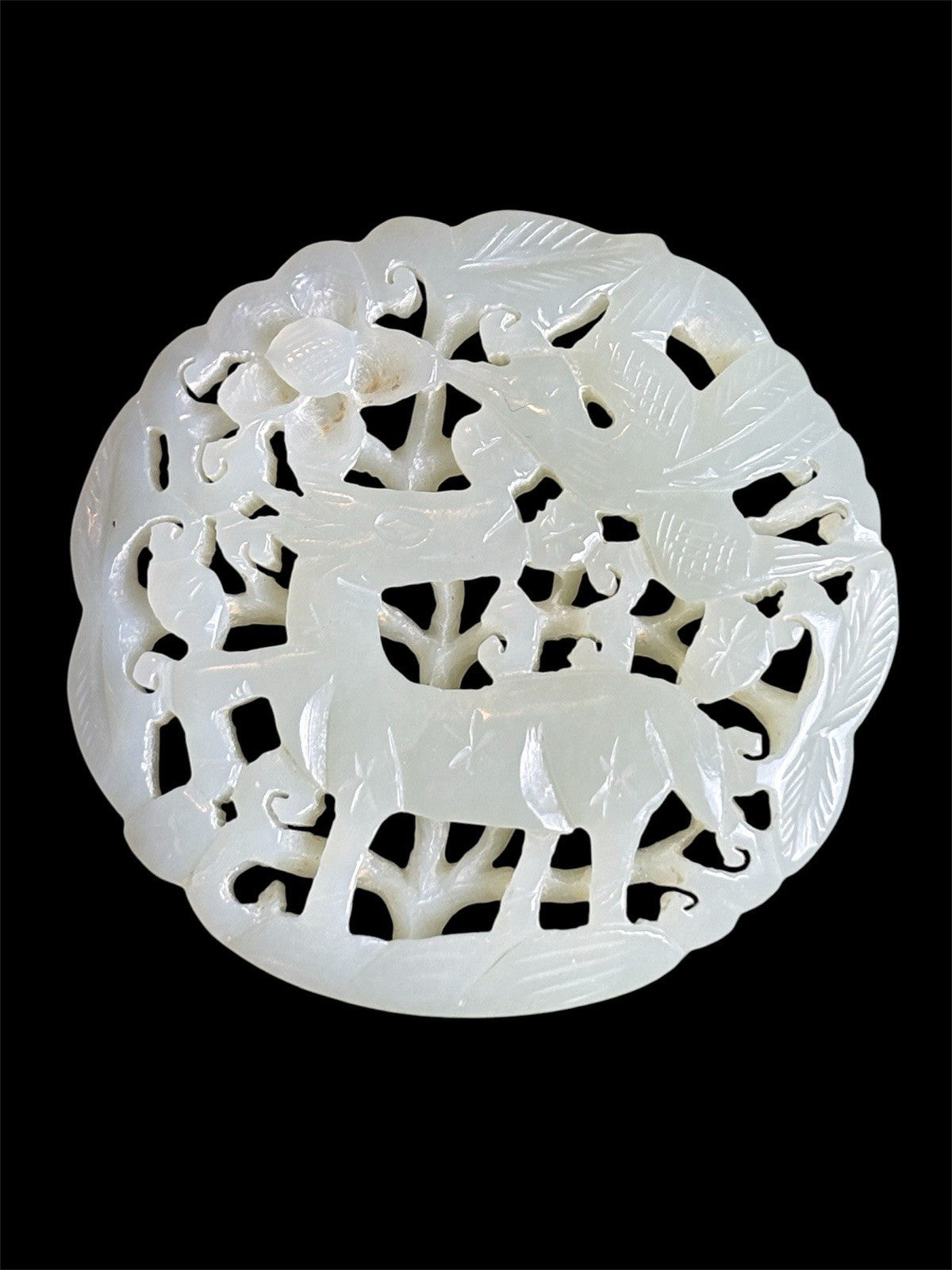 Qing Dynasty White Jade Plaque – Deer & Phoenix Under Blossoms, 18th-19th C.