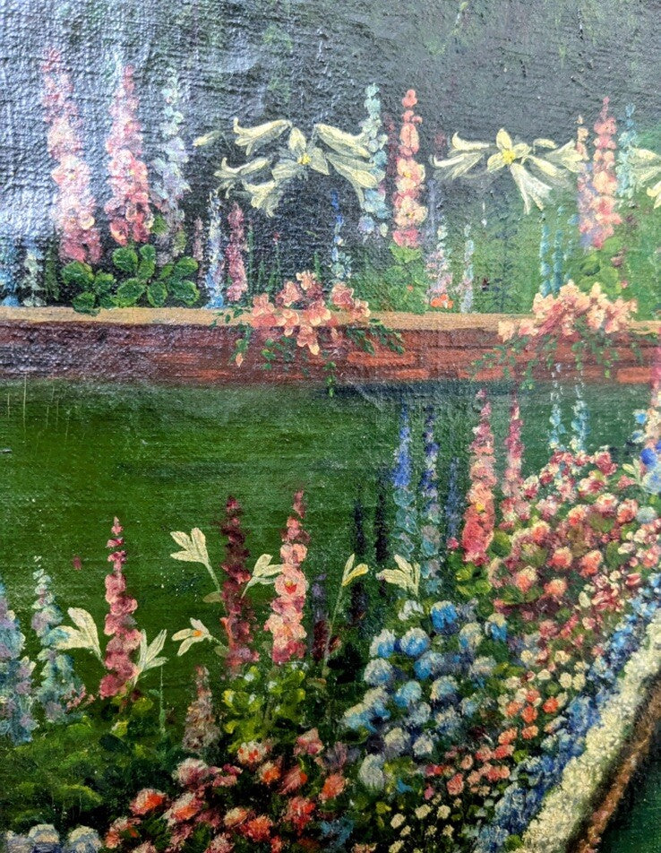 Franklin Barrett 1929 Original Oil Painting Garden Scene 42x30 Gilt Frame