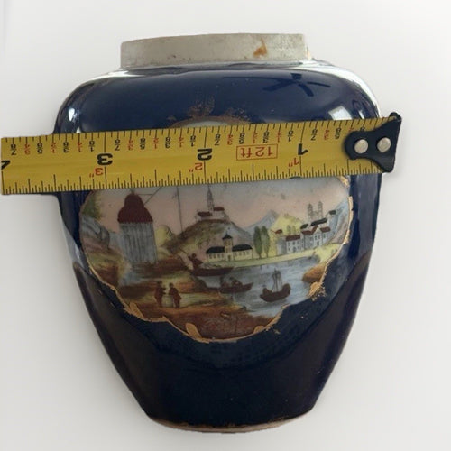 Antique 1830s Cobalt Blue Porcelain Vase Hand Painted Landscape Gold Gilt