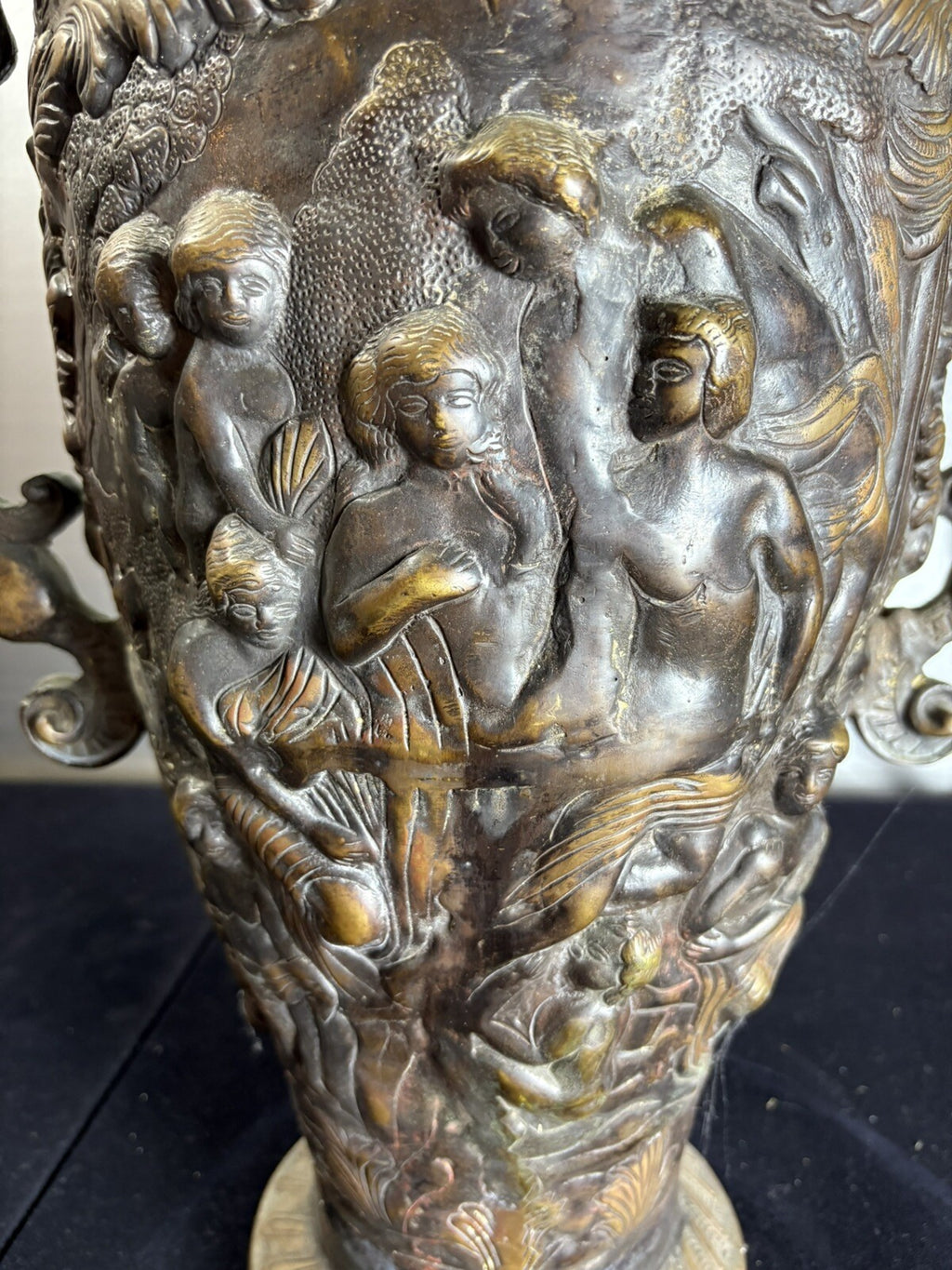 18” Rare Antique Bronze Urn Dragon Handles Mythological Relief 19th Century Art