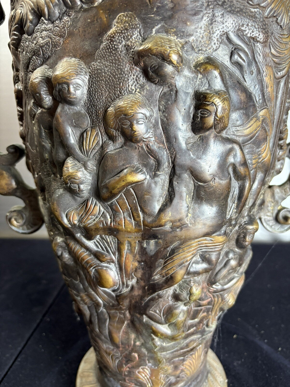 18” Rare Antique Bronze Urn Dragon Handles Mythological Relief 19th Century Art