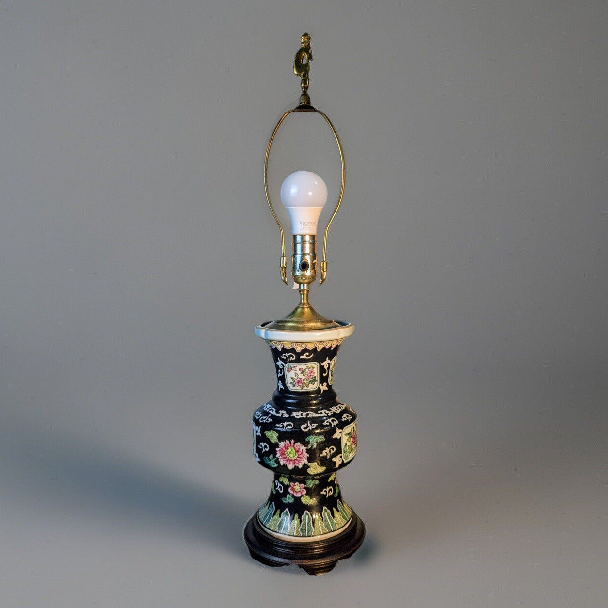 Vintage Asian Black Porcelain / Ceramic Lamp with Beautiful Flowers pattern