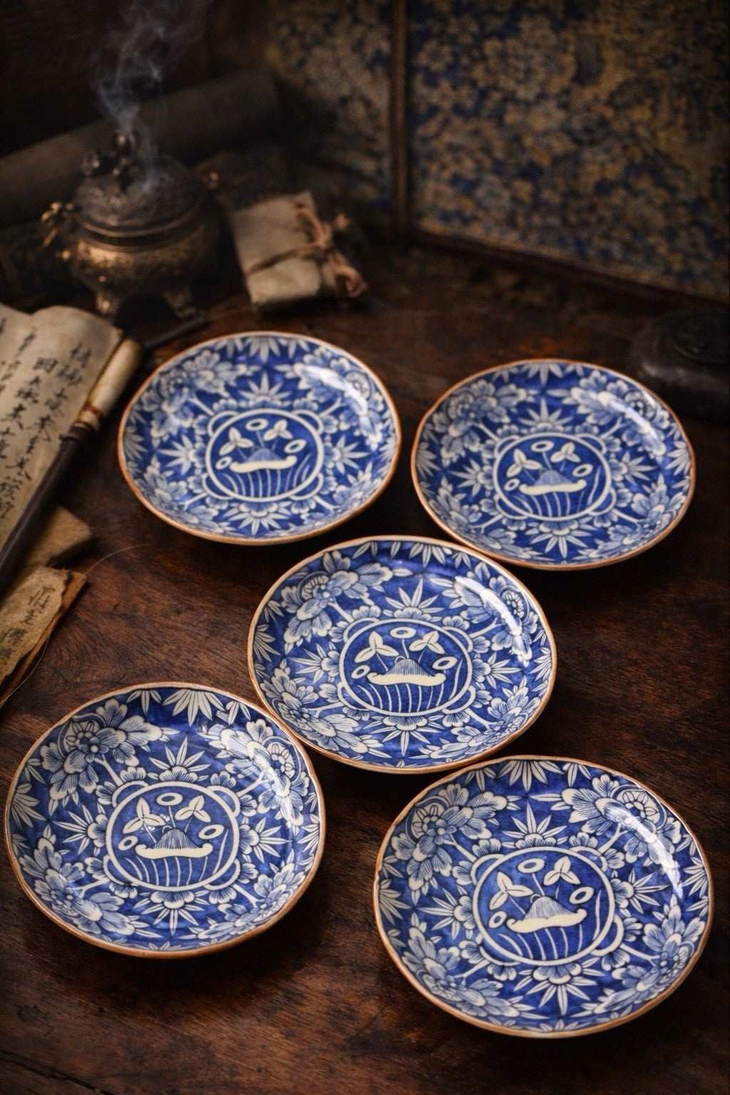 Set of 5 Antique Japanese Arita Blue & White Plates Chenghua Mark Meiji Era