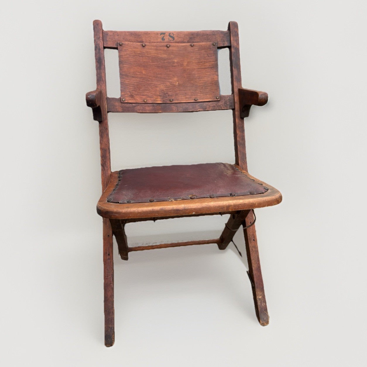 Antique Wooden Folding Chair w/ Leather Seat – Primitive Industrial Stenciled 78