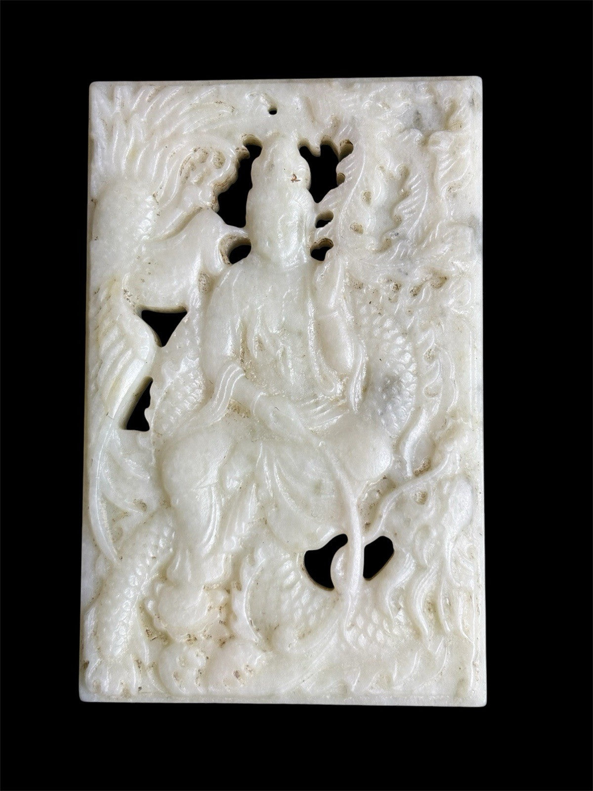 Qing Dynasty White Jade Guanyin & Phoenix Plaque – Double-Sided, 83g Nephrite
