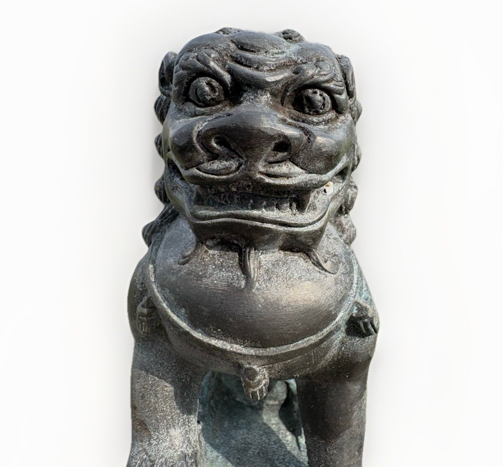 Vintage Chinese Foo Dog Guardian Lion Pair Bronze Brass Statue Feng Shui