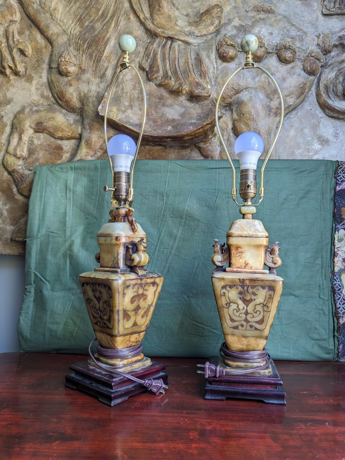 Pair of Chinese Carved Alabaster Lamps With Birds and Dragons
