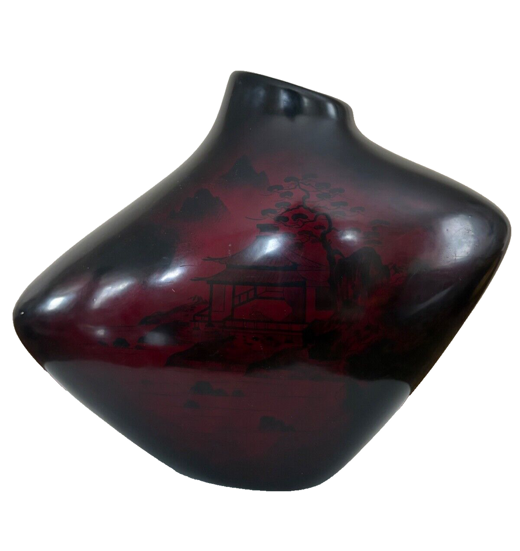 MCM Vintage Porcelain Japanese Vase- 8” Mountain Pagoda Scene Deep Dark Red