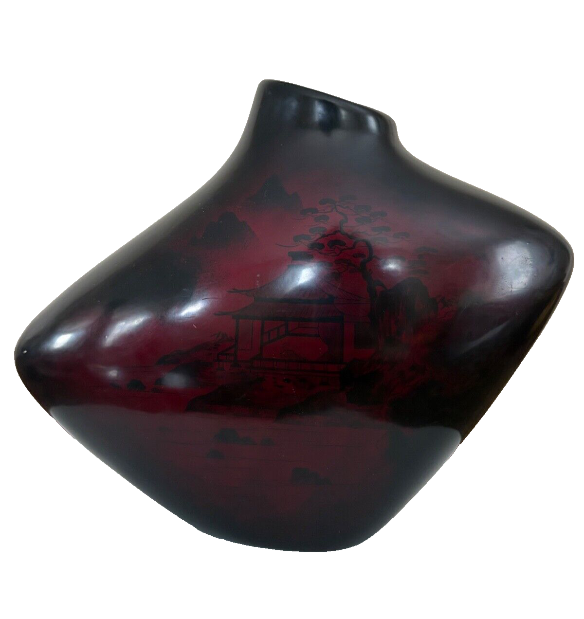 MCM Vintage Porcelain Japanese Vase- 8” Mountain Pagoda Scene Deep Dark Red