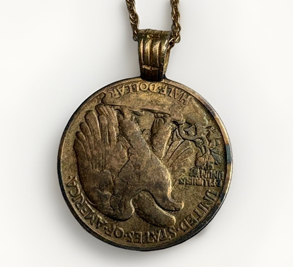 Walking Liberty Half Dollar Gold Layered Coin Pendant Diamond Chip Necklace 24”