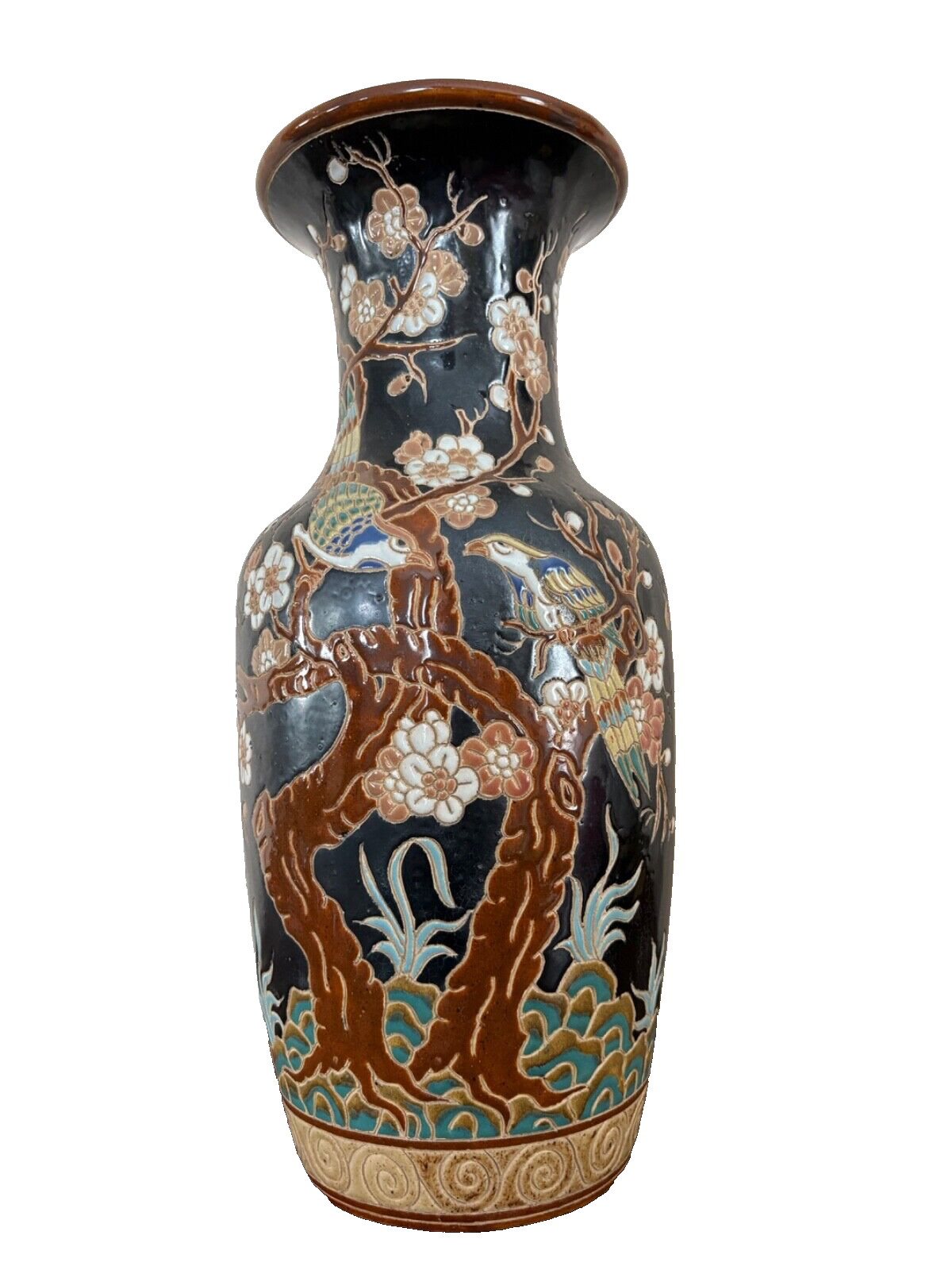 Vintage Mid Century large Asian Vase Enamel Porcelain birds Beautiful 18”