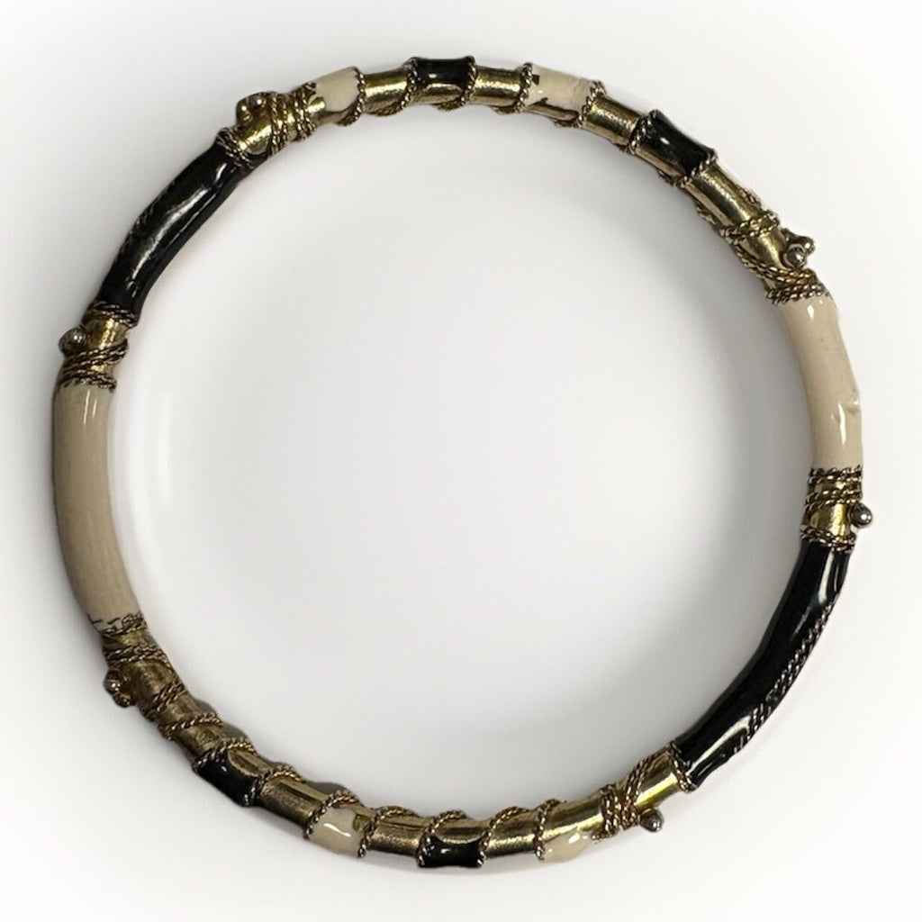 Black & White Enamel, Gold Tone Textured Rope Design Thin Bangle Bracelet