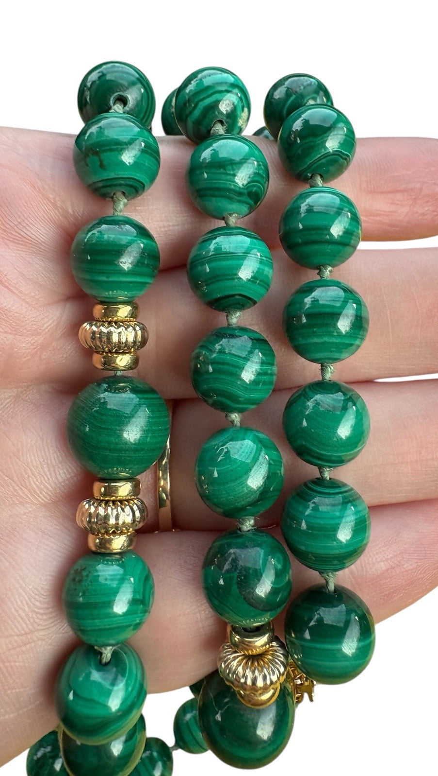 14k Vintage 57-Bead Natural Malachite Necklace with Solid 14K Gold Clasp