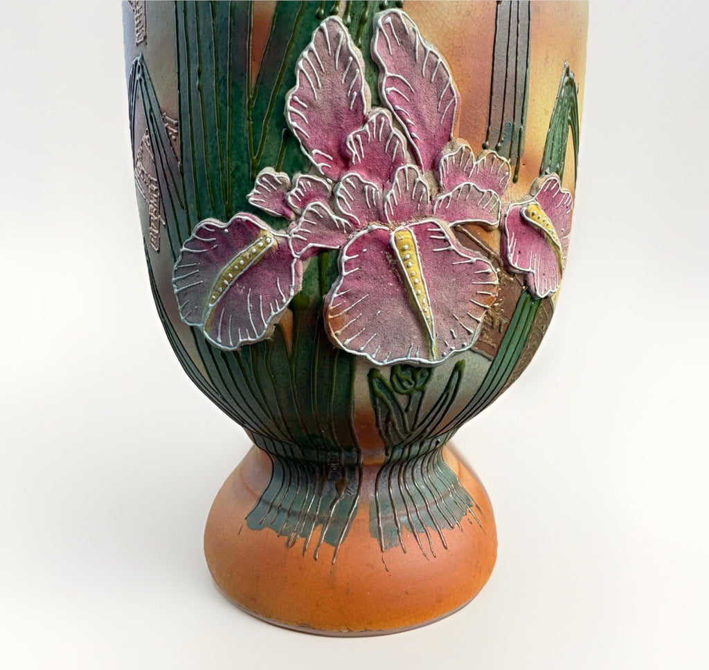 Art Nouveau Iris Vase Double Handle Relief 13” Antique Japanese