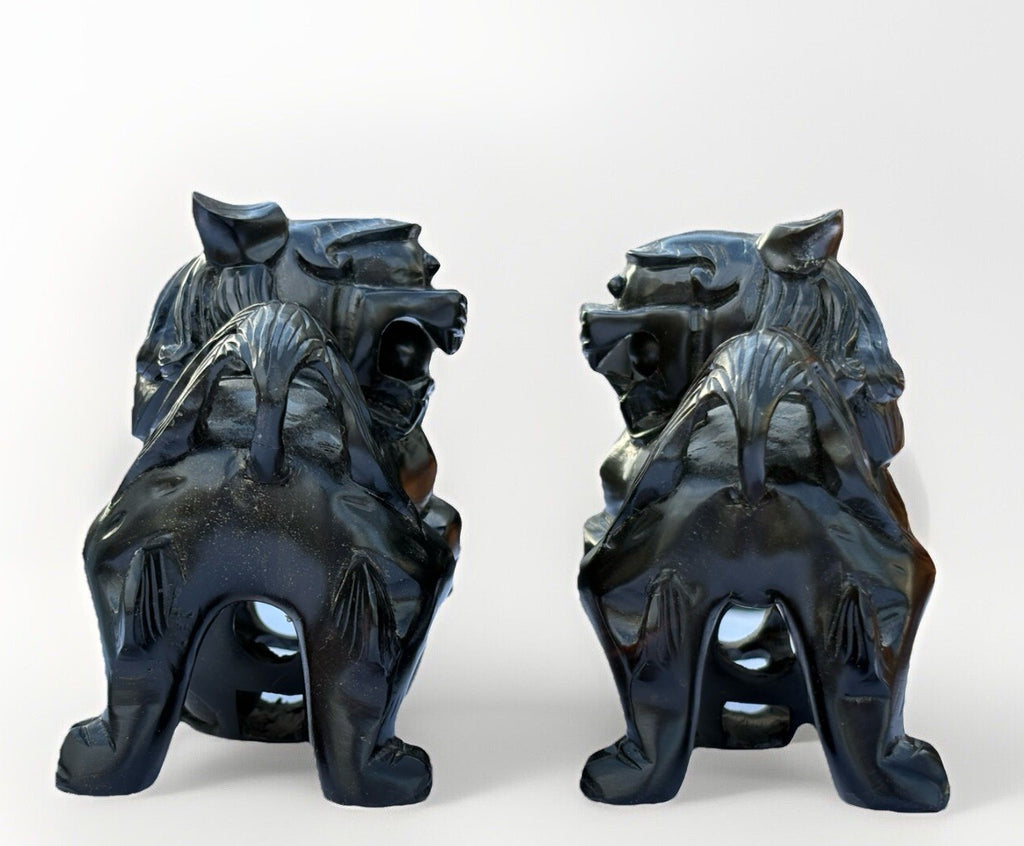 Vintage MCM Hand Wood Carved: Pair of Carved Wood Foo Dogs Pair