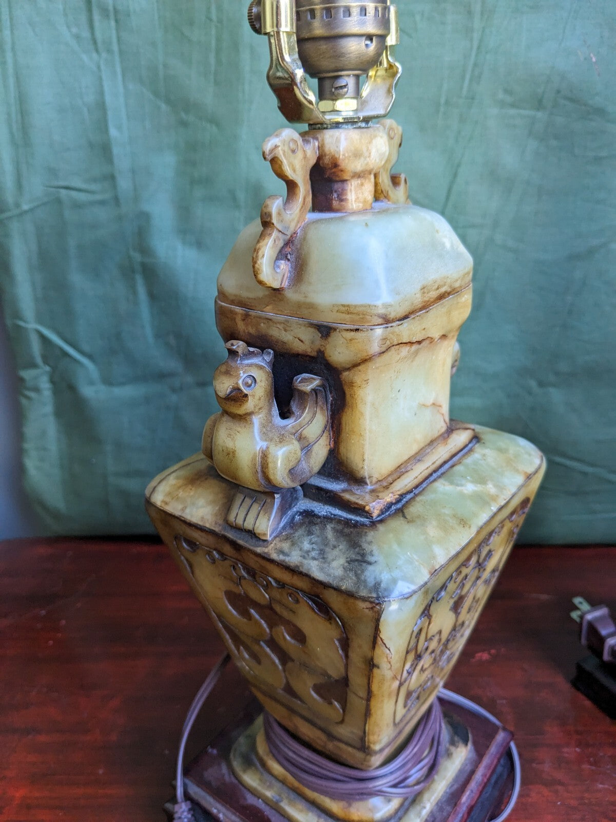 Pair of Chinese Carved Alabaster Lamps With Birds and Dragons